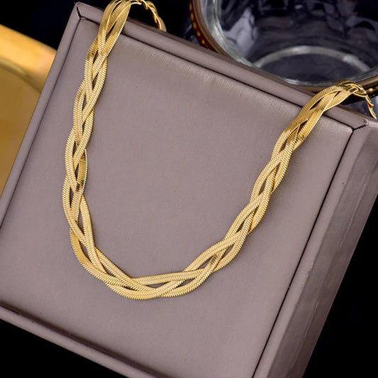 Gold-Plated Anti Tarnish Thick Snake Chain Triple Strand Necklace For Women