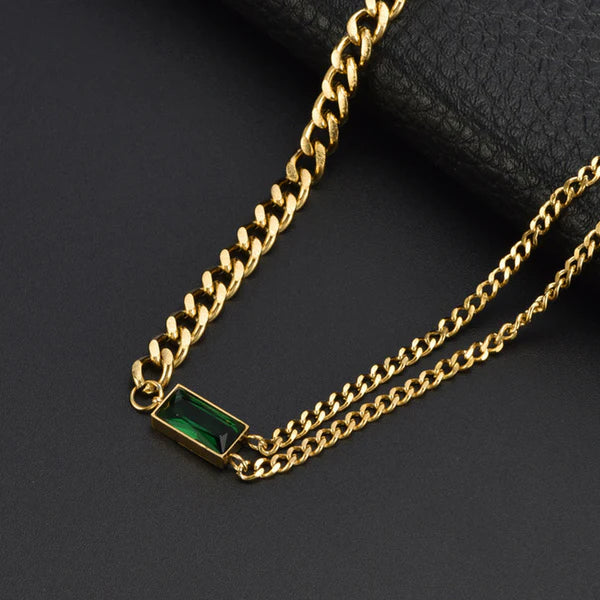 Anti Tarnish Gold Chain with Green Stone Pendant For Women