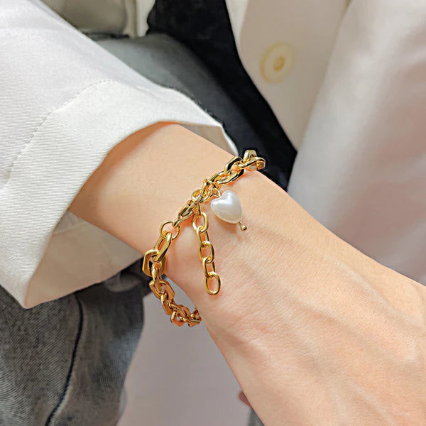Anti Tarnish Gold Plated Link Bracelet with Pearl Heart Charm For Woman