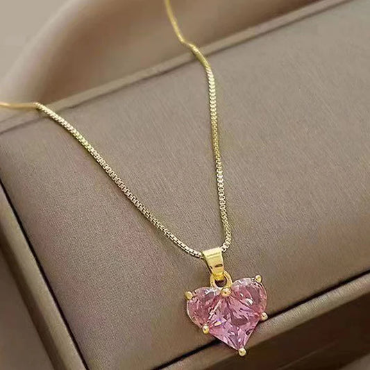Gold Plated Pink Heart Anti Tarnish Pendant Necklace For Women