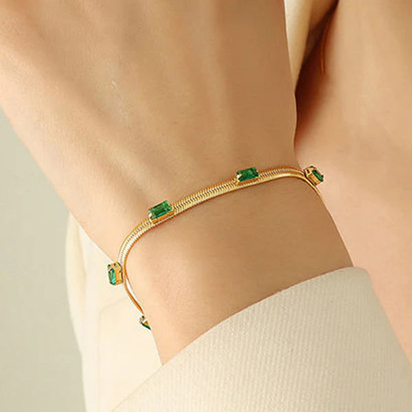 Gold Snake Chain Bracelet with Green Stones – Anti-Tarnish For Woman