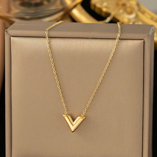 Gold-Plated V Pendant Necklace for Women