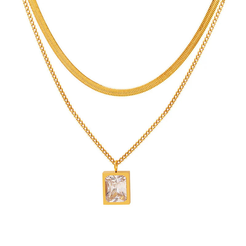 18K Gold-Plated Anti Tarnish White Emerald Geometric Layered Necklace/Pendant