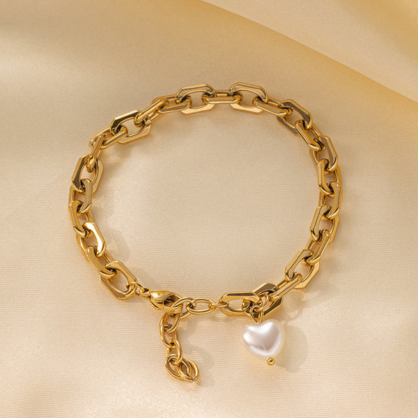 Anti Tarnish Gold Plated Link Bracelet with Pearl Heart Charm For Woman