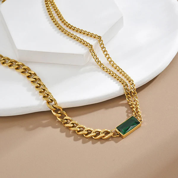 Anti Tarnish Gold Chain with Green Stone Pendant For Women