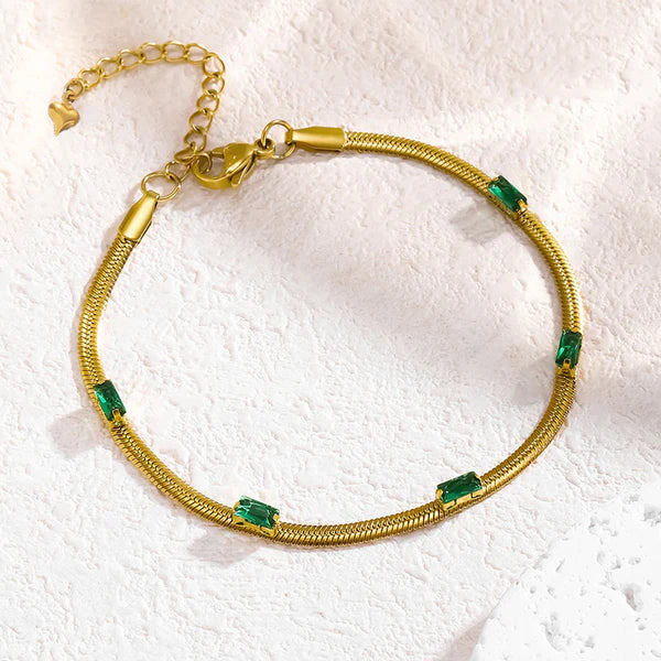 Gold Snake Chain Bracelet with Green Stones – Anti-Tarnish For Woman