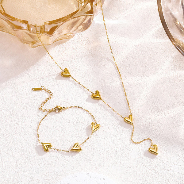 Anti Tarnish Gold Heart Necklace & Bracelet Set For Women
