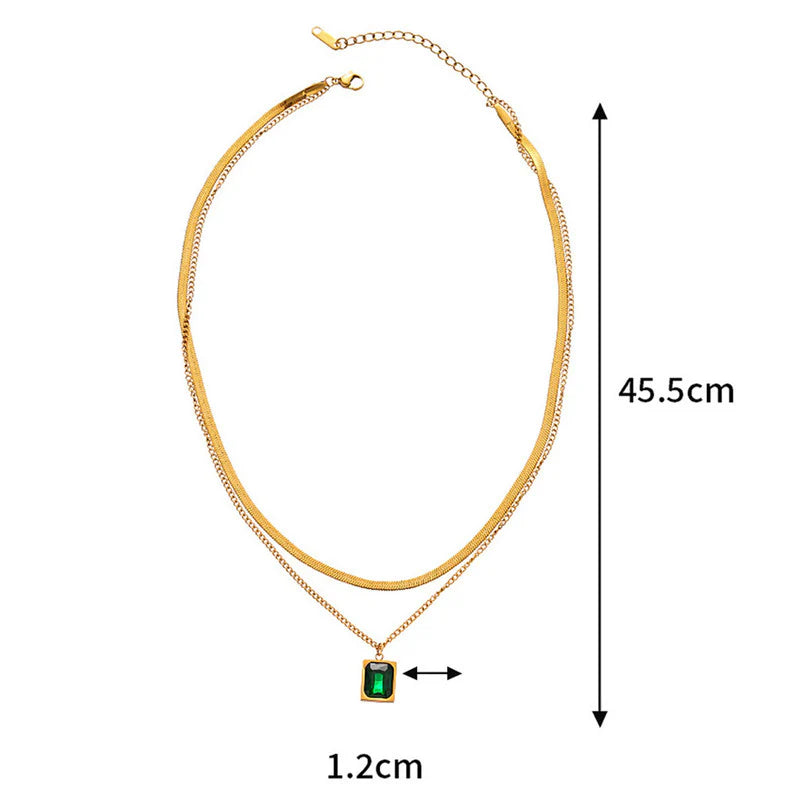 18K Gold-Plated Anti Tarnish Green Emerald Geometric Layered Necklace/Pendant