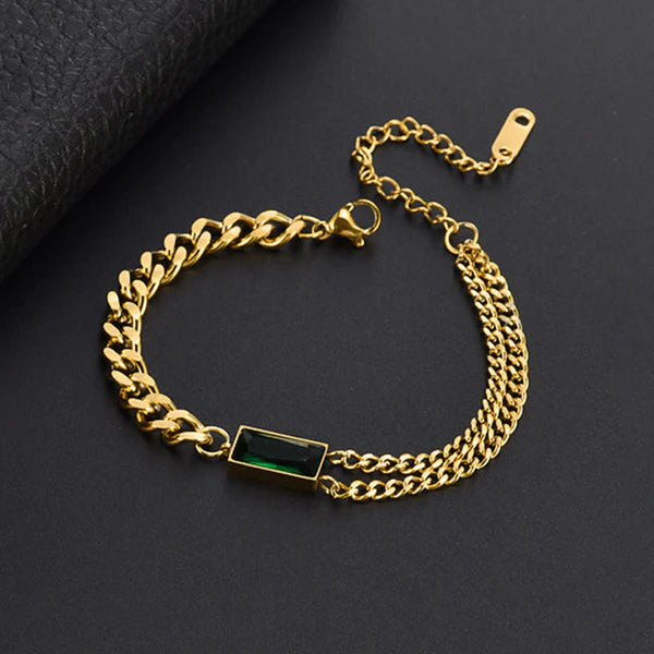 Anti Tarnish Gold-Plated Chain Bracelet with Green Stone For Woman
