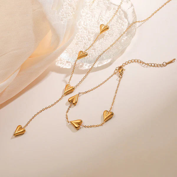 Anti Tarnish Gold Heart Necklace & Bracelet Set For Women