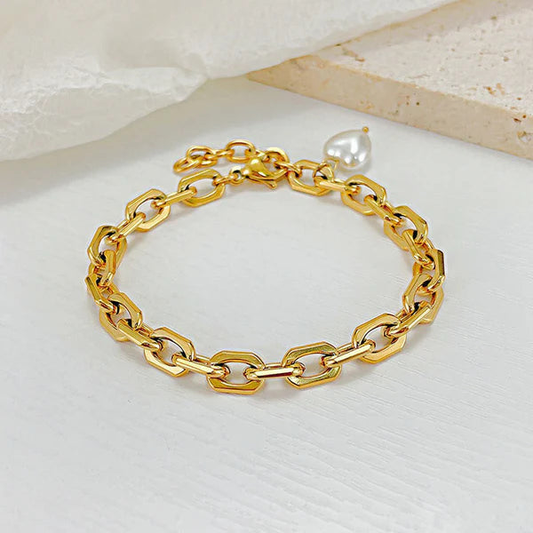 Anti Tarnish Gold Plated Link Bracelet with Pearl Heart Charm For Woman