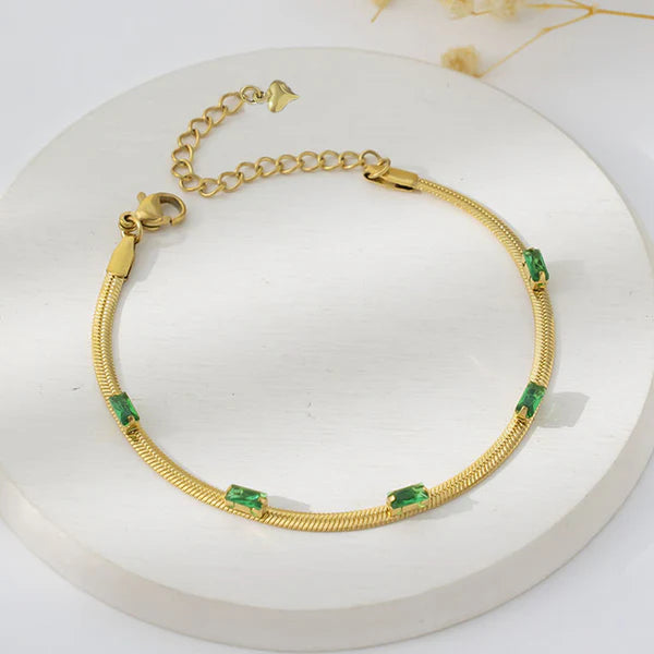 Gold Snake Chain Bracelet with Green Stones – Anti-Tarnish For Woman