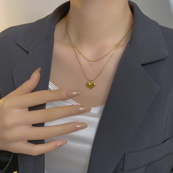 Layered Heart & Diamond Pendant Necklace – Anti-Tarnish