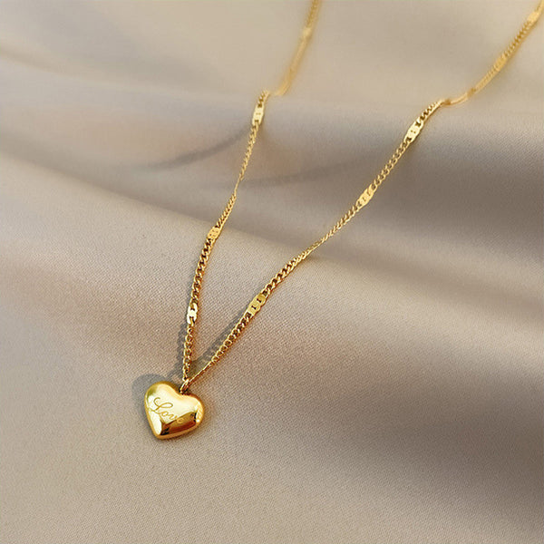 Gold Heart Pendant Anti Tarnish Necklace  – “Love” Engraved For Woman