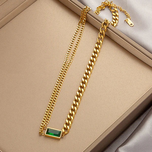 Anti Tarnish Gold Chain with Green Stone Pendant For Women