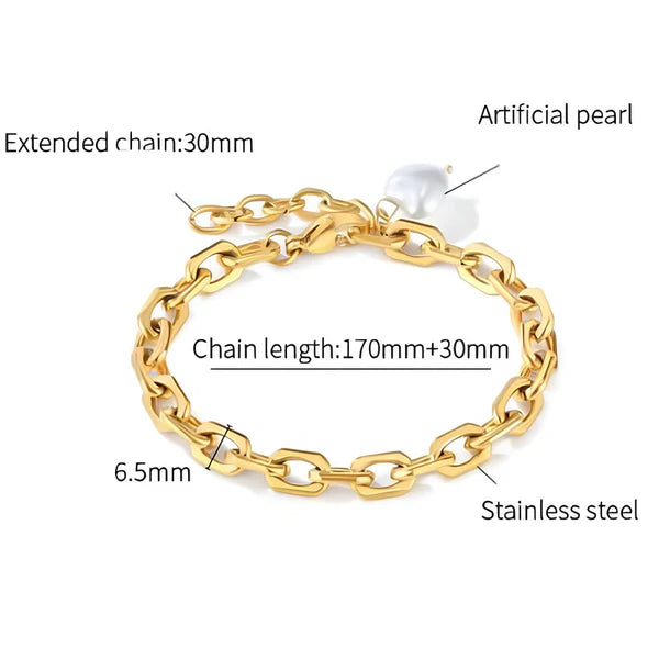 Anti Tarnish Gold Plated Link Bracelet with Pearl Heart Charm For Woman