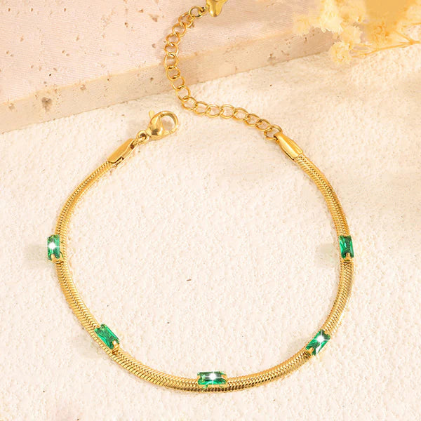 Gold Snake Chain Bracelet with Green Stones – Anti-Tarnish For Woman