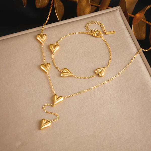 Anti Tarnish Gold Heart Necklace & Bracelet Set For Women
