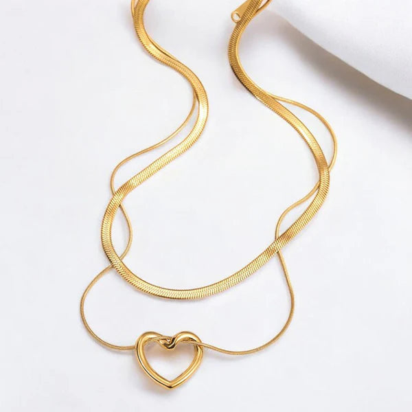 Gold-Plated Heart Pendant Layered Anti Tarnish Necklace Chain For Women