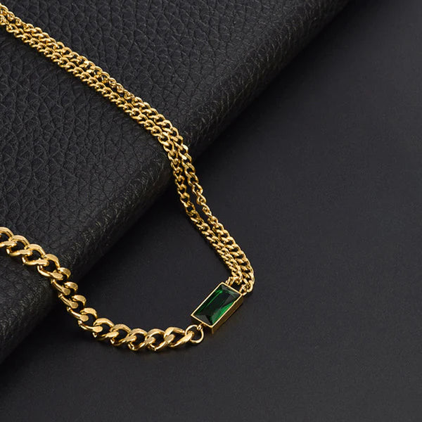Anti Tarnish Gold Chain with Green Stone Pendant For Women