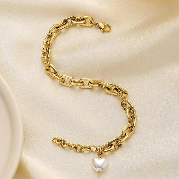 Anti Tarnish Gold Plated Link Bracelet with Pearl Heart Charm For Woman