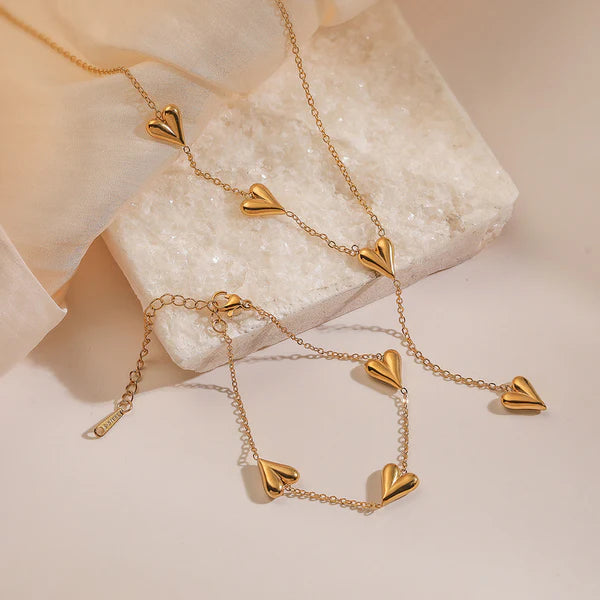 Anti Tarnish Gold Heart Necklace & Bracelet Set For Women