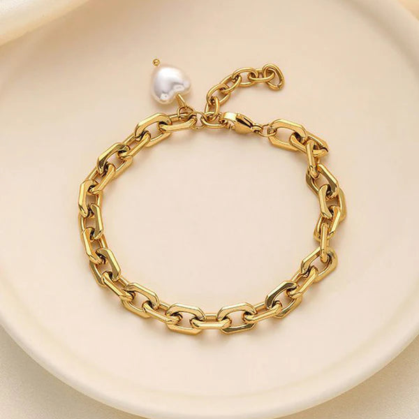 Anti Tarnish Gold Plated Link Bracelet with Pearl Heart Charm For Woman