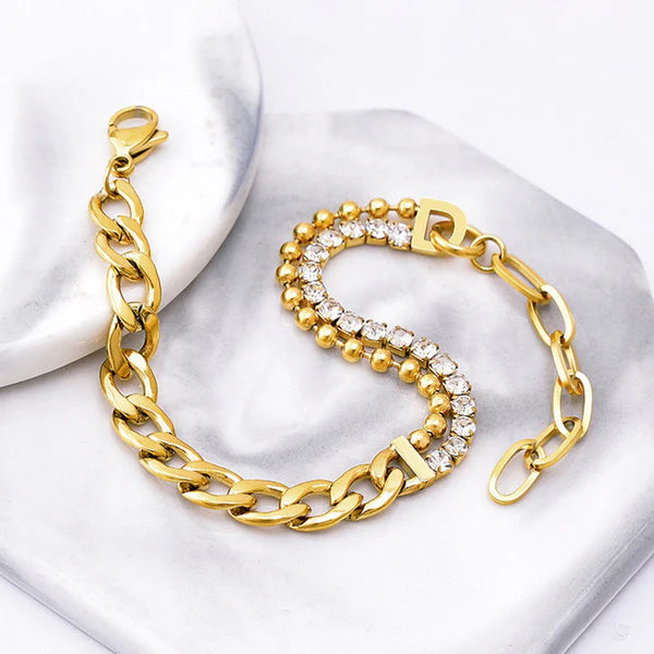 Dual Charm Gold Chain Bracelet with Stones – Anti Tarnish Jewellery