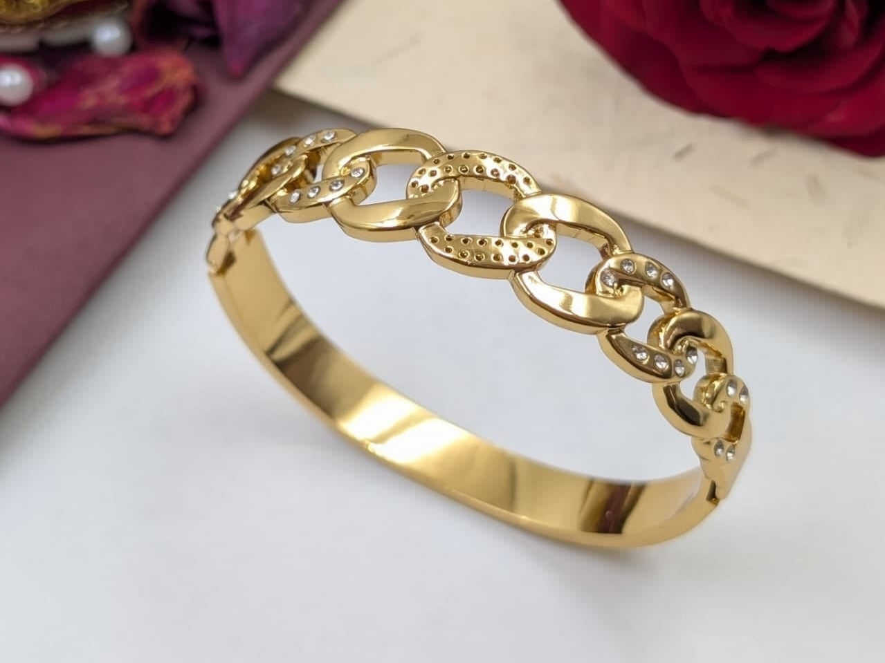 Anti-Tarnish Gold Plated Chain-Link Kada Bracelet with Stones – Regular Size 2.8
