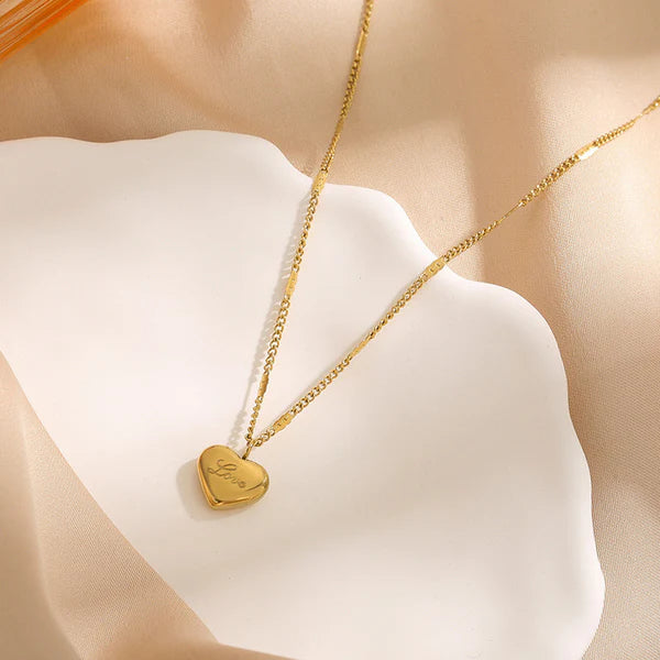 Gold Heart Pendant Anti Tarnish Necklace  – “Love” Engraved For Woman