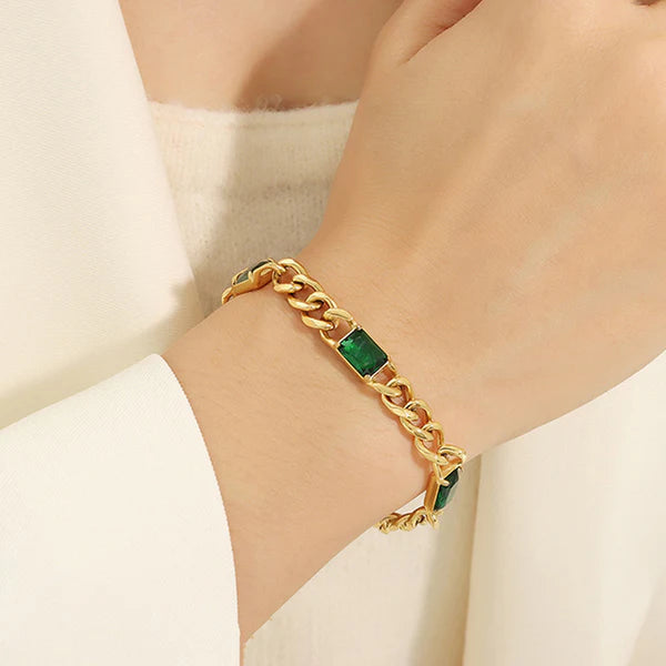 Elegant Gold Plated Chain Bracelet with Emerald Green Stones
