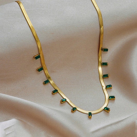 Elegant Anti Tarnish Gold-Plated Necklace with Emerald Green Stones For Woman