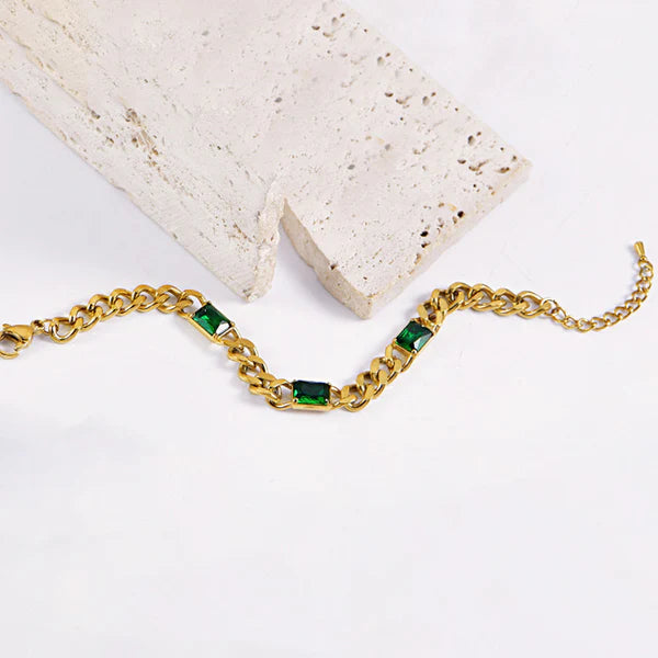 Elegant Gold Plated Chain Bracelet with Emerald Green Stones