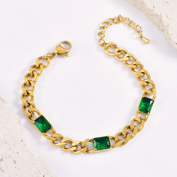 Elegant Gold Plated Chain Bracelet with Emerald Green Stones