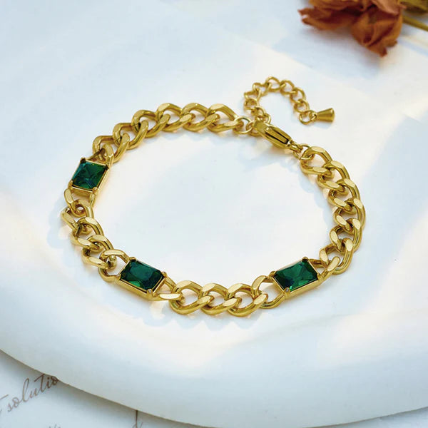 Elegant Gold Plated Chain Bracelet with Emerald Green Stones