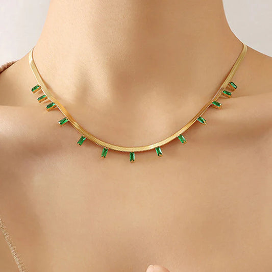 Elegant Anti Tarnish Gold-Plated Necklace with Emerald Green Stones For Woman